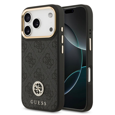 Apple iPhone 17 Pro Kılıf Guess Orjinal Lisanslı M-safe Şarj Özellikli Gold Metal Kamera Çerçeveli Taşlı 4G Logolu Kapak