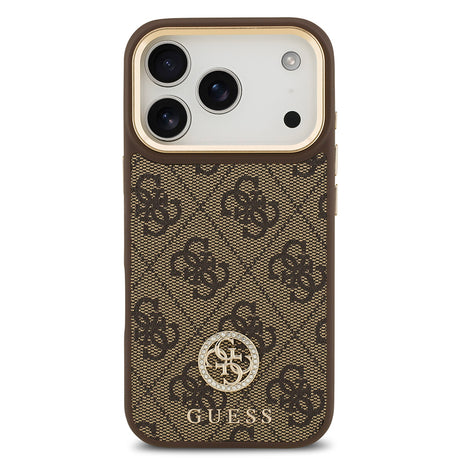 Apple iPhone 17 Pro Kılıf Guess Orjinal Lisanslı M-safe Şarj Özellikli Gold Metal Kamera Çerçeveli Taşlı 4G Logolu Kapak