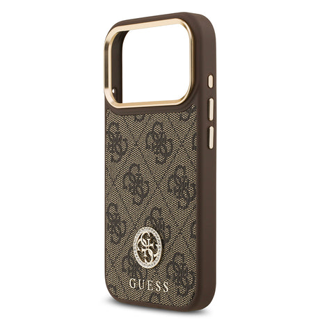Apple iPhone 17 Pro Kılıf Guess Orjinal Lisanslı M-safe Şarj Özellikli Gold Metal Kamera Çerçeveli Taşlı 4G Logolu Kapak