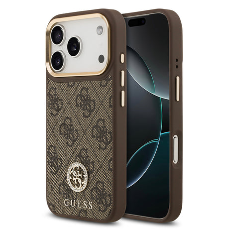 Apple iPhone 17 Pro Kılıf Guess Orjinal Lisanslı M-safe Şarj Özellikli Gold Metal Kamera Çerçeveli Taşlı 4G Logolu Kapak