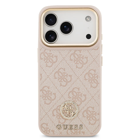 Apple iPhone 17 Pro Kılıf Guess Orjinal Lisanslı M-safe Şarj Özellikli Gold Metal Kamera Çerçeveli Taşlı 4G Logolu Kapak
