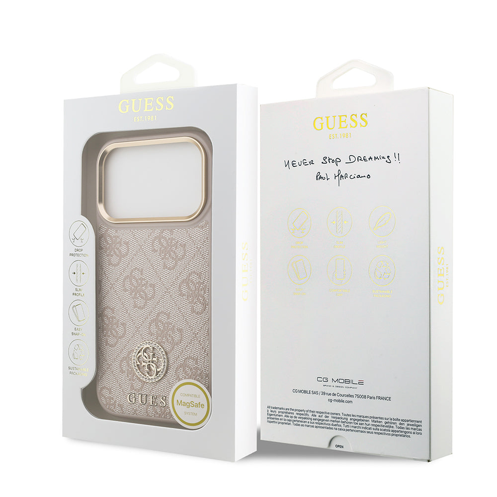 Apple iPhone 17 Pro Kılıf Guess Orjinal Lisanslı M-safe Şarj Özellikli Gold Metal Kamera Çerçeveli Taşlı 4G Logolu Kapak