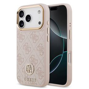 Apple iPhone 17 Pro Kılıf Guess Orjinal Lisanslı M-safe Şarj Özellikli Gold Metal Kamera Çerçeveli Taşlı 4G Logolu Kapak