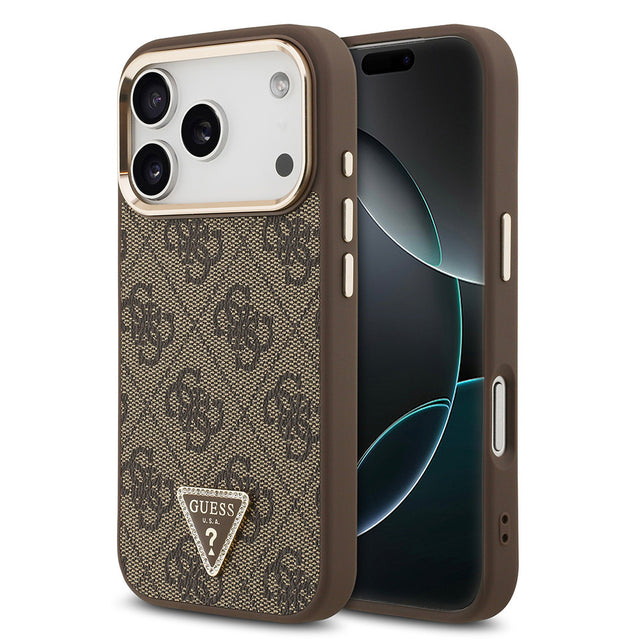 Apple iPhone 17 Pro Kılıf Guess Orjinal Lisanslı M-safe Şarj Özellikli Gold Metal Kamera Çerçeveli Taşlı Üçgen Logo 4G Desenli Kapak