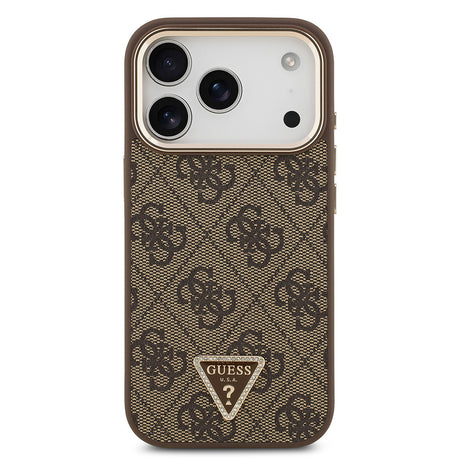 Apple iPhone 17 Pro Kılıf Guess Orjinal Lisanslı M-safe Şarj Özellikli Gold Metal Kamera Çerçeveli Taşlı Üçgen Logo 4G Desenli Kapak