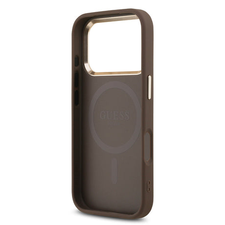 Apple iPhone 17 Pro Kılıf Guess Orjinal Lisanslı M-safe Şarj Özellikli Gold Metal Kamera Çerçeveli Taşlı Üçgen Logo 4G Desenli Kapak