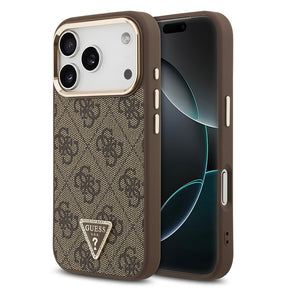 Apple iPhone 17 Pro Kılıf Guess Orjinal Lisanslı M-safe Şarj Özellikli Gold Metal Kamera Çerçeveli Taşlı Üçgen Logo 4G Desenli Kapak