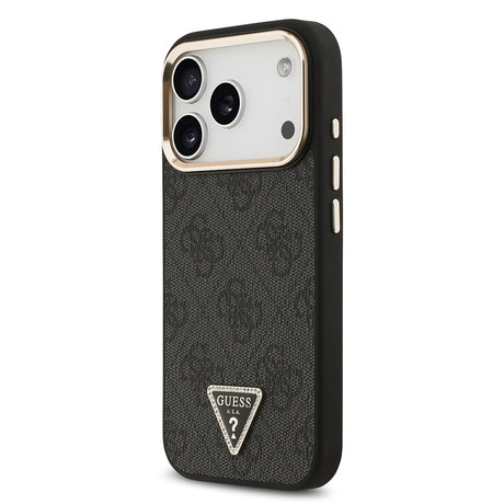 Apple iPhone 17 Pro Kılıf Guess Orjinal Lisanslı M-safe Şarj Özellikli Gold Metal Kamera Çerçeveli Taşlı Üçgen Logo 4G Desenli Kapak