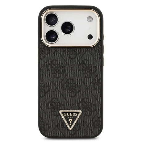 Apple iPhone 17 Pro Kılıf Guess Orjinal Lisanslı M-safe Şarj Özellikli Gold Metal Kamera Çerçeveli Taşlı Üçgen Logo 4G Desenli Kapak