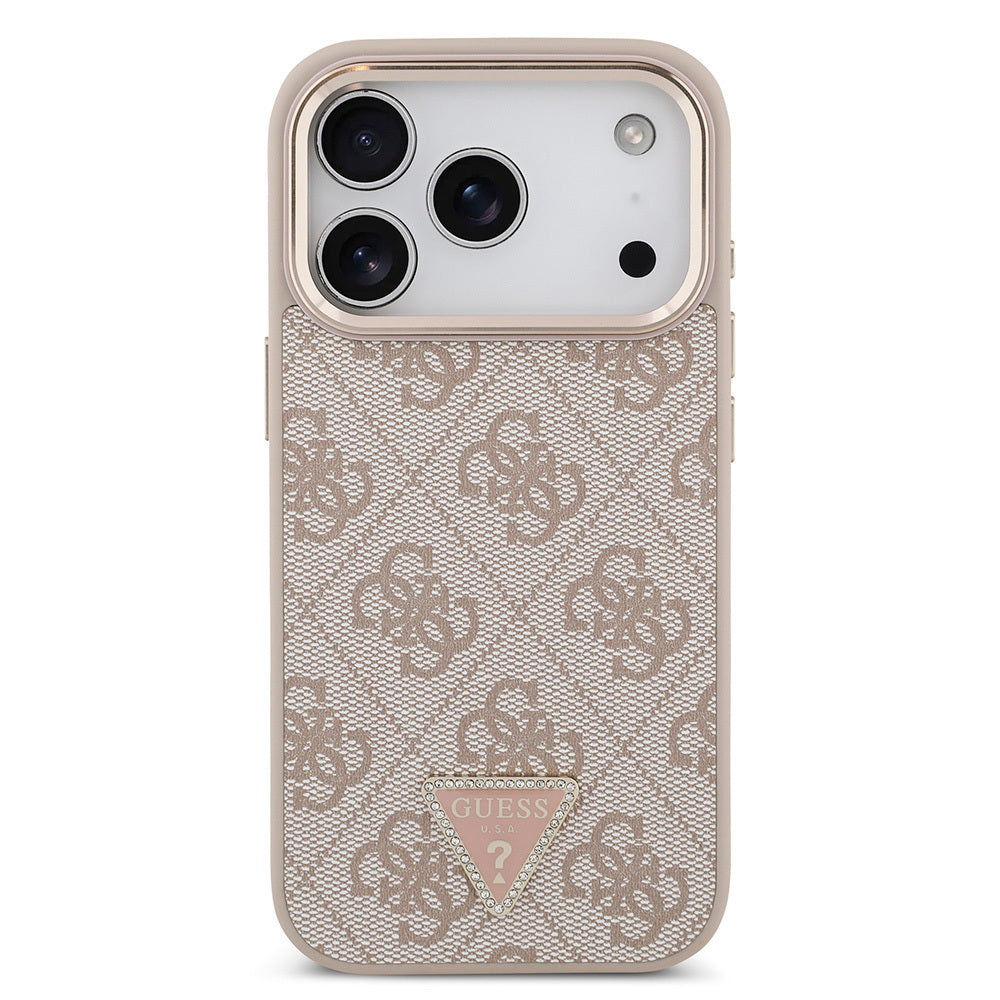 Apple iPhone 17 Pro Kılıf Guess Orjinal Lisanslı M-safe Şarj Özellikli Gold Metal Kamera Çerçeveli Taşlı Üçgen Logo 4G Desenli Kapak