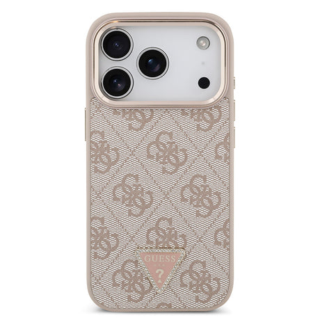 Apple iPhone 17 Pro Kılıf Guess Orjinal Lisanslı M-safe Şarj Özellikli Gold Metal Kamera Çerçeveli Taşlı Üçgen Logo 4G Desenli Kapak