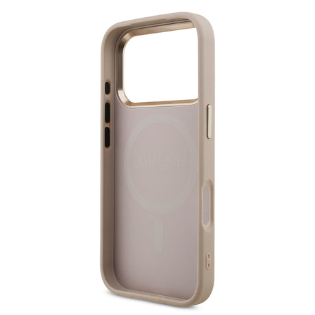 Apple iPhone 17 Pro Kılıf Guess Orjinal Lisanslı M-safe Şarj Özellikli Gold Metal Kamera Çerçeveli Taşlı Üçgen Logo 4G Desenli Kapak
