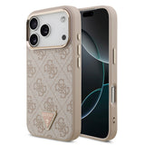 Apple iPhone 17 Pro Kılıf Guess Orjinal Lisanslı M-safe Şarj Özellikli Gold Metal Kamera Çerçeveli Taşlı Üçgen Logo 4G Desenli Kapak