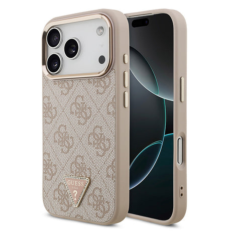 Apple iPhone 17 Pro Kılıf Guess Orjinal Lisanslı M-safe Şarj Özellikli Gold Metal Kamera Çerçeveli Taşlı Üçgen Logo 4G Desenli Kapak