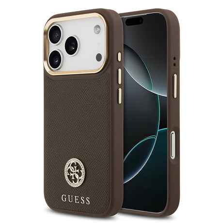 Apple iPhone 17 Pro Kılıf Guess Orjinal Lisanslı M-safe Şarj Özellikli Grained Yazı ve Taşlı 4G Logolu Kapak