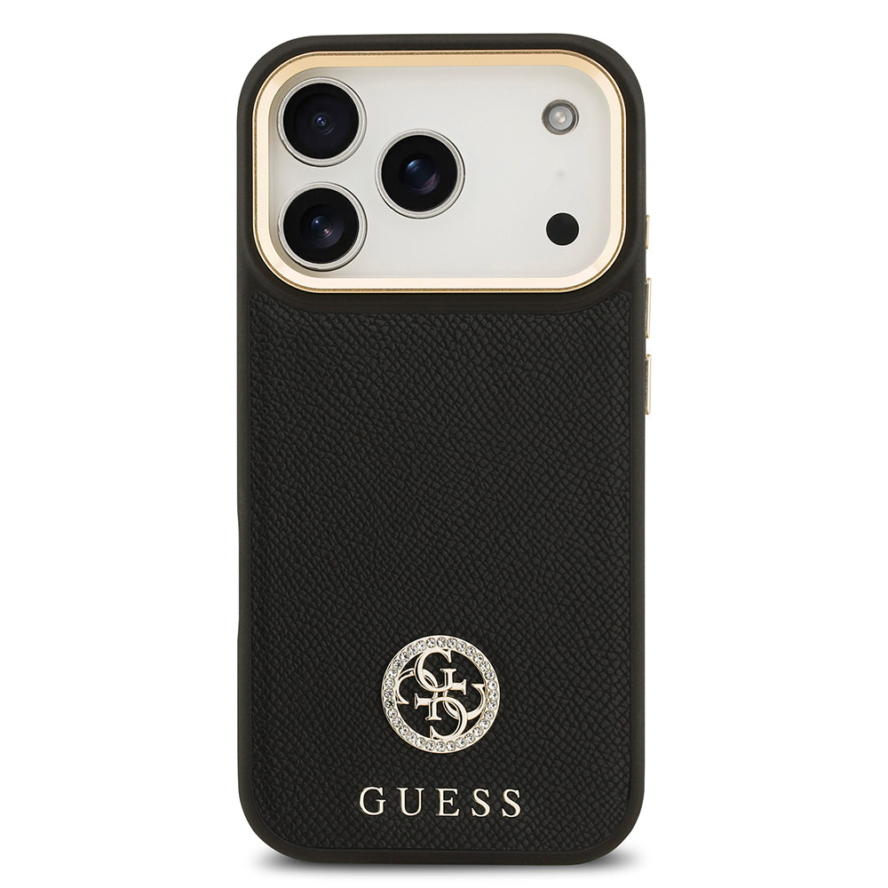 Apple iPhone 17 Pro Kılıf Guess Orjinal Lisanslı M-safe Şarj Özellikli Grained Yazı ve Taşlı 4G Logolu Kapak