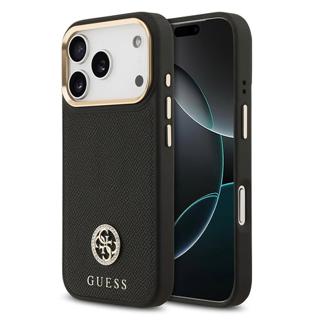 Apple iPhone 17 Pro Kılıf Guess Orjinal Lisanslı M-safe Şarj Özellikli Grained Yazı ve Taşlı 4G Logolu Kapak