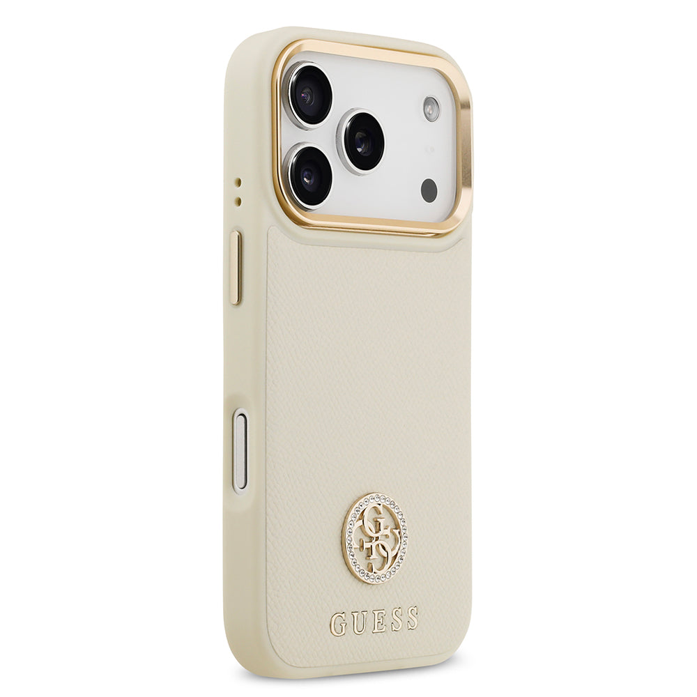 Apple iPhone 17 Pro Kılıf Guess Orjinal Lisanslı M-safe Şarj Özellikli Grained Yazı ve Taşlı 4G Logolu Kapak