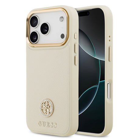 Apple iPhone 17 Pro Kılıf Guess Orjinal Lisanslı M-safe Şarj Özellikli Grained Yazı ve Taşlı 4G Logolu Kapak