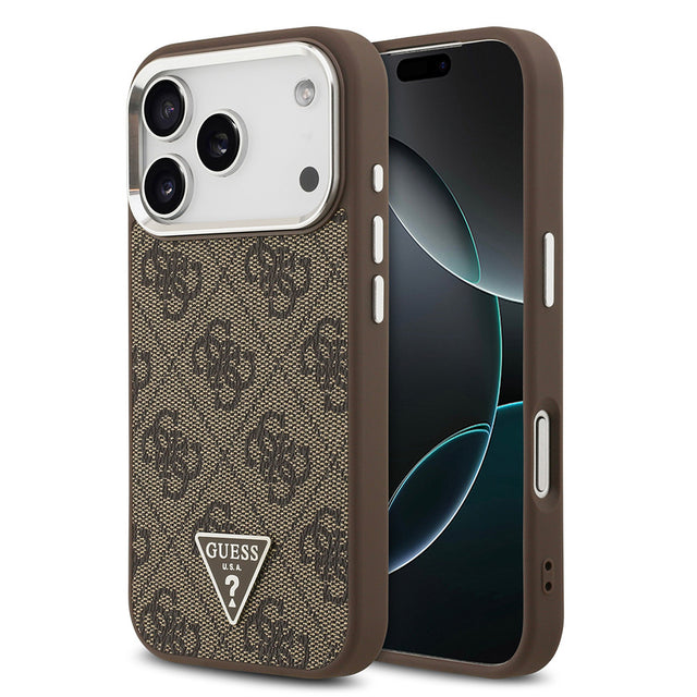 Apple iPhone 17 Pro Kılıf Guess Orjinal Lisanslı M-safe Şarj Özellikli Gümüş Metal Kamera Çerçeveli Üçgen Logo 4G Desenli Kapak