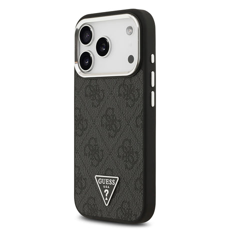 Apple iPhone 17 Pro Kılıf Guess Orjinal Lisanslı M-safe Şarj Özellikli Gümüş Metal Kamera Çerçeveli Üçgen Logo 4G Desenli Kapak