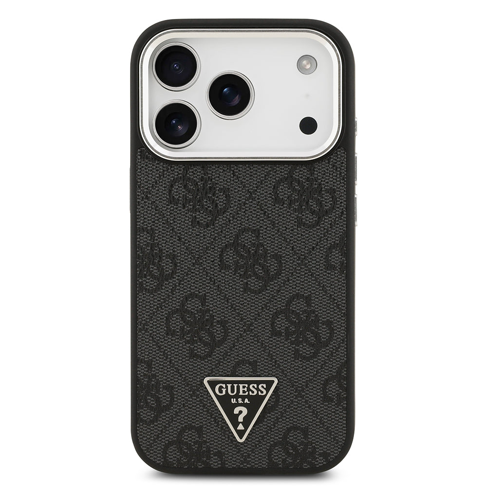 Apple iPhone 17 Pro Kılıf Guess Orjinal Lisanslı M-safe Şarj Özellikli Gümüş Metal Kamera Çerçeveli Üçgen Logo 4G Desenli Kapak