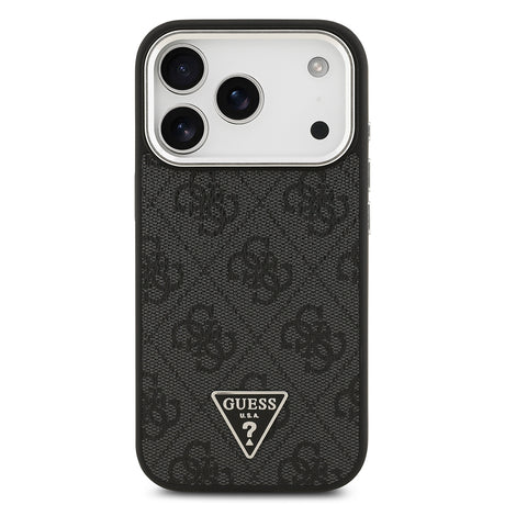 Apple iPhone 17 Pro Kılıf Guess Orjinal Lisanslı M-safe Şarj Özellikli Gümüş Metal Kamera Çerçeveli Üçgen Logo 4G Desenli Kapak