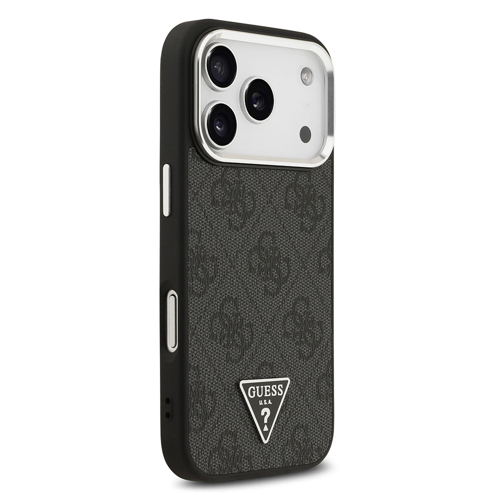 Apple iPhone 17 Pro Kılıf Guess Orjinal Lisanslı M-safe Şarj Özellikli Gümüş Metal Kamera Çerçeveli Üçgen Logo 4G Desenli Kapak