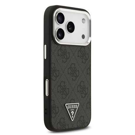 Apple iPhone 17 Pro Kılıf Guess Orjinal Lisanslı M-safe Şarj Özellikli Gümüş Metal Kamera Çerçeveli Üçgen Logo 4G Desenli Kapak