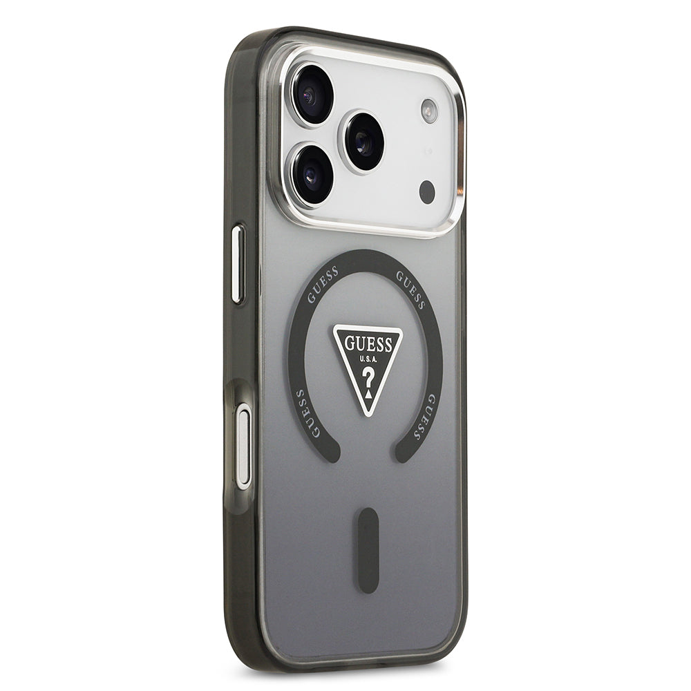 Apple iPhone 17 Pro Kılıf Guess Orjinal Lisanslı M-safe Şarj Özellikli IML Baskılı Üçgen Logolu Metal Kamera Çerçeveli Kapak