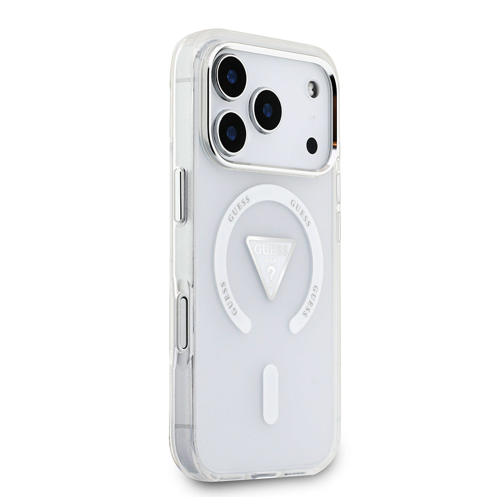 Apple iPhone 17 Pro Kılıf Guess Orjinal Lisanslı M-safe Şarj Özellikli IML Baskılı Üçgen Logolu Metal Kamera Çerçeveli Kapak