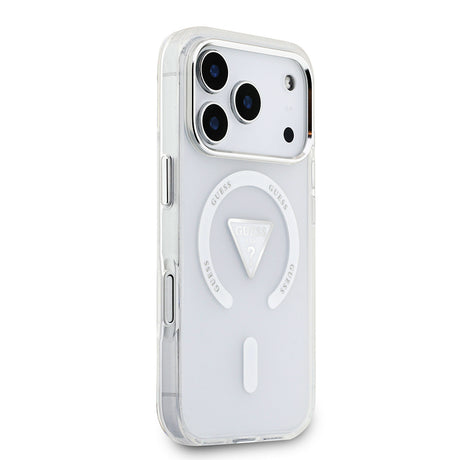 Apple iPhone 17 Pro Kılıf Guess Orjinal Lisanslı M-safe Şarj Özellikli IML Baskılı Üçgen Logolu Metal Kamera Çerçeveli Kapak