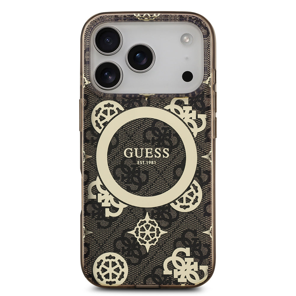 Apple iPhone 17 Pro Kılıf Guess Orjinal Lisanslı M-safe Şarj Özellikli IML Peony ve 4G Desenli Klasik Logolu Kapak