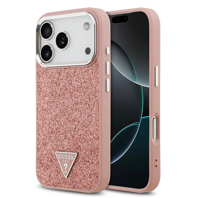 Apple iPhone 17 Pro Kılıf Guess Orjinal Lisanslı M-safe Şarj Özellikli Metal Kamera Çerçeveli Üçgen Logolu Glitter Kapak