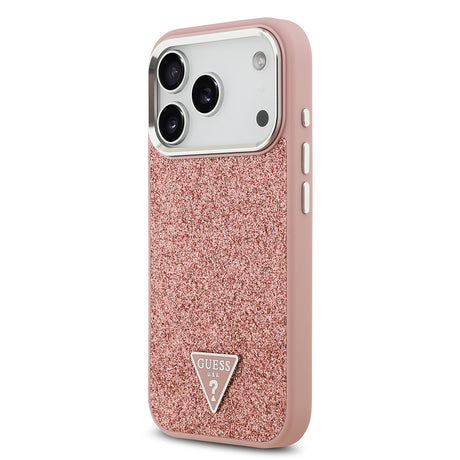 Apple iPhone 17 Pro Kılıf Guess Orjinal Lisanslı M-safe Şarj Özellikli Metal Kamera Çerçeveli Üçgen Logolu Glitter Kapak