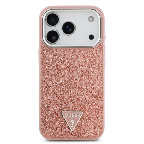 Apple iPhone 17 Pro Kılıf Guess Orjinal Lisanslı M-safe Şarj Özellikli Metal Kamera Çerçeveli Üçgen Logolu Glitter Kapak