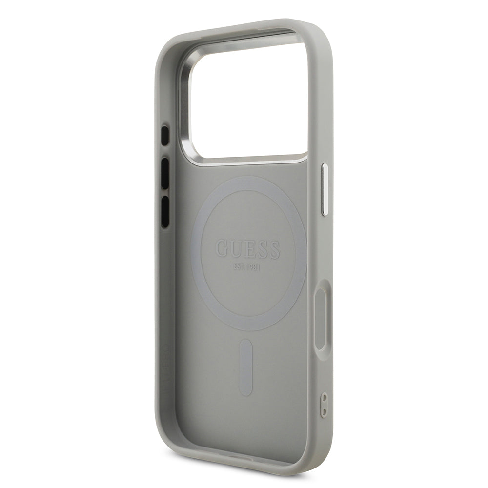 Apple iPhone 17 Pro Kılıf Guess Orjinal Lisanslı M-safe Şarj Özellikli Metal Kamera Çerçeveli Üçgen Logolu Glitter Kapak