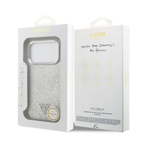 Apple iPhone 17 Pro Kılıf Guess Orjinal Lisanslı M-safe Şarj Özellikli Metal Kamera Çerçeveli Üçgen Logolu Glitter Kapak