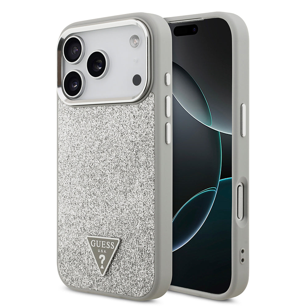 Apple iPhone 17 Pro Kılıf Guess Orjinal Lisanslı M-safe Şarj Özellikli Metal Kamera Çerçeveli Üçgen Logolu Glitter Kapak
