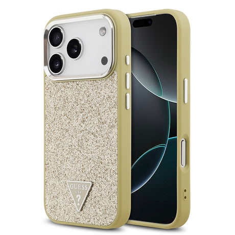 Apple iPhone 17 Pro Kılıf Guess Orjinal Lisanslı M-safe Şarj Özellikli Metal Kamera Çerçeveli Üçgen Logolu Glitter Kapak