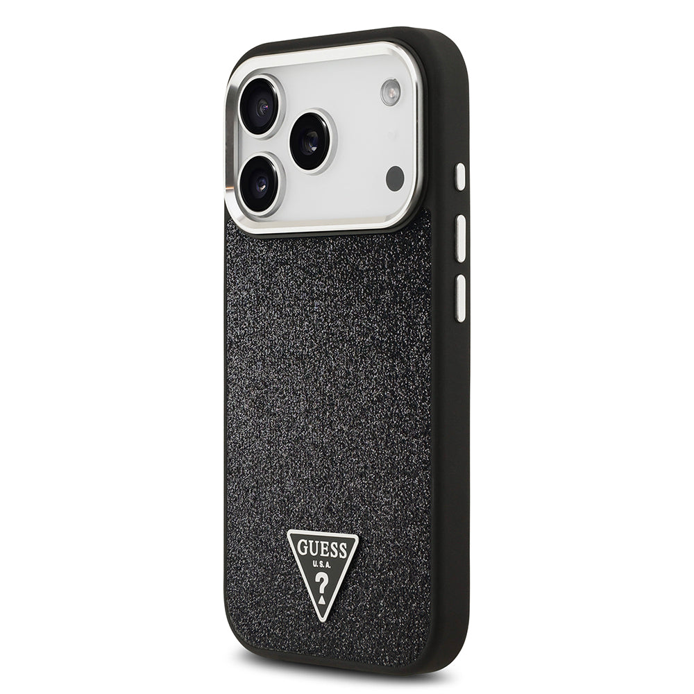 Apple iPhone 17 Pro Kılıf Guess Orjinal Lisanslı M-safe Şarj Özellikli Metal Kamera Çerçeveli Üçgen Logolu Glitter Kapak