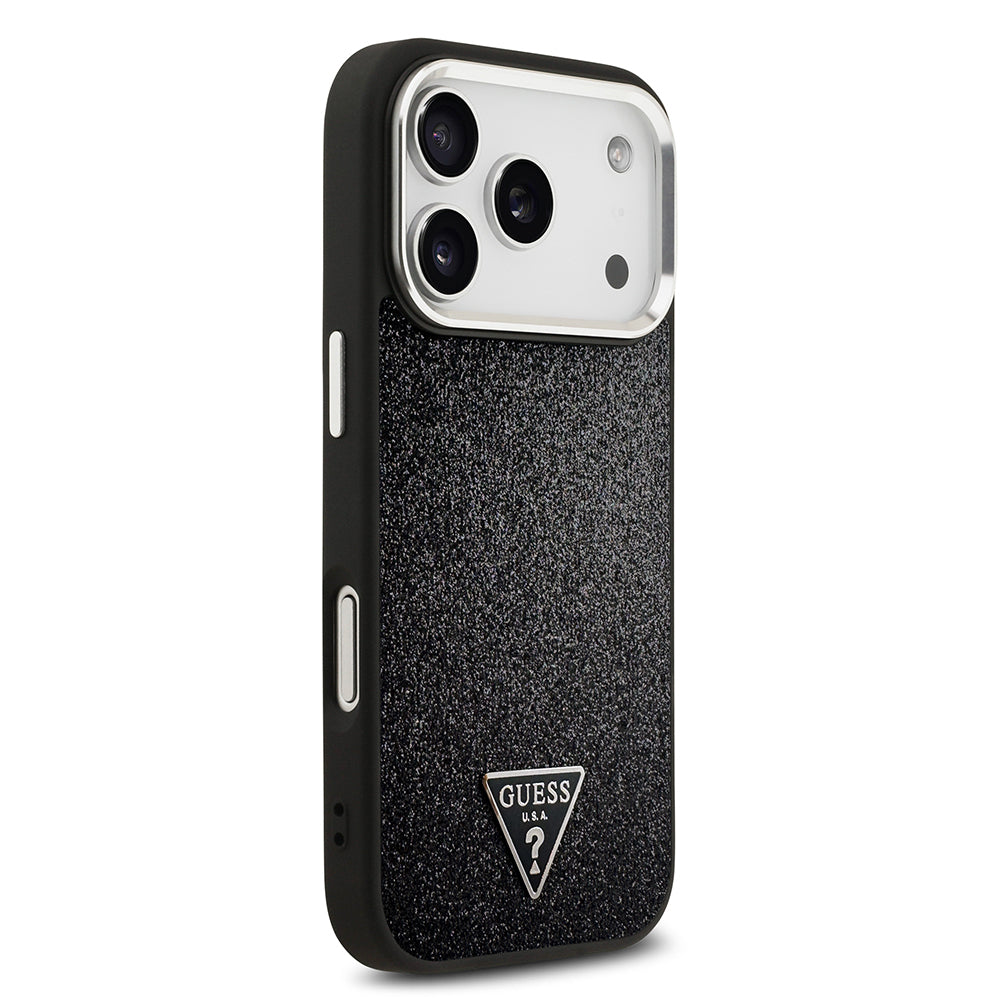 Apple iPhone 17 Pro Kılıf Guess Orjinal Lisanslı M-safe Şarj Özellikli Metal Kamera Çerçeveli Üçgen Logolu Glitter Kapak