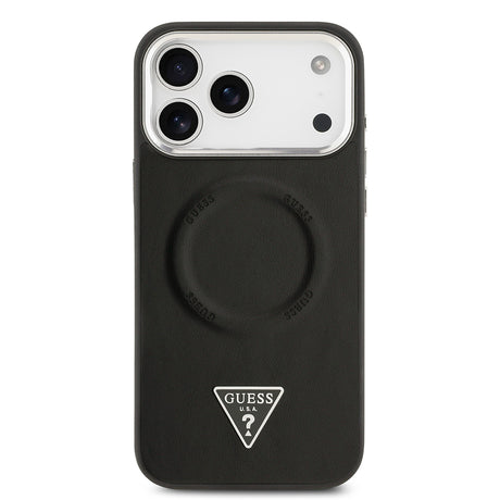 Apple iPhone 17 Pro Kılıf Guess Orjinal Lisanslı M-safe Şarj Özellikli PU Deri Metal Kamera Çerçeveli Üçgen Logolu Kapak
