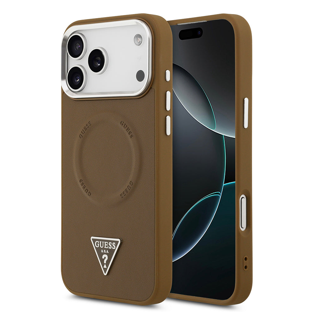 Apple iPhone 17 Pro Kılıf Guess Orjinal Lisanslı M-safe Şarj Özellikli PU Deri Metal Kamera Çerçeveli Üçgen Logolu Kapak