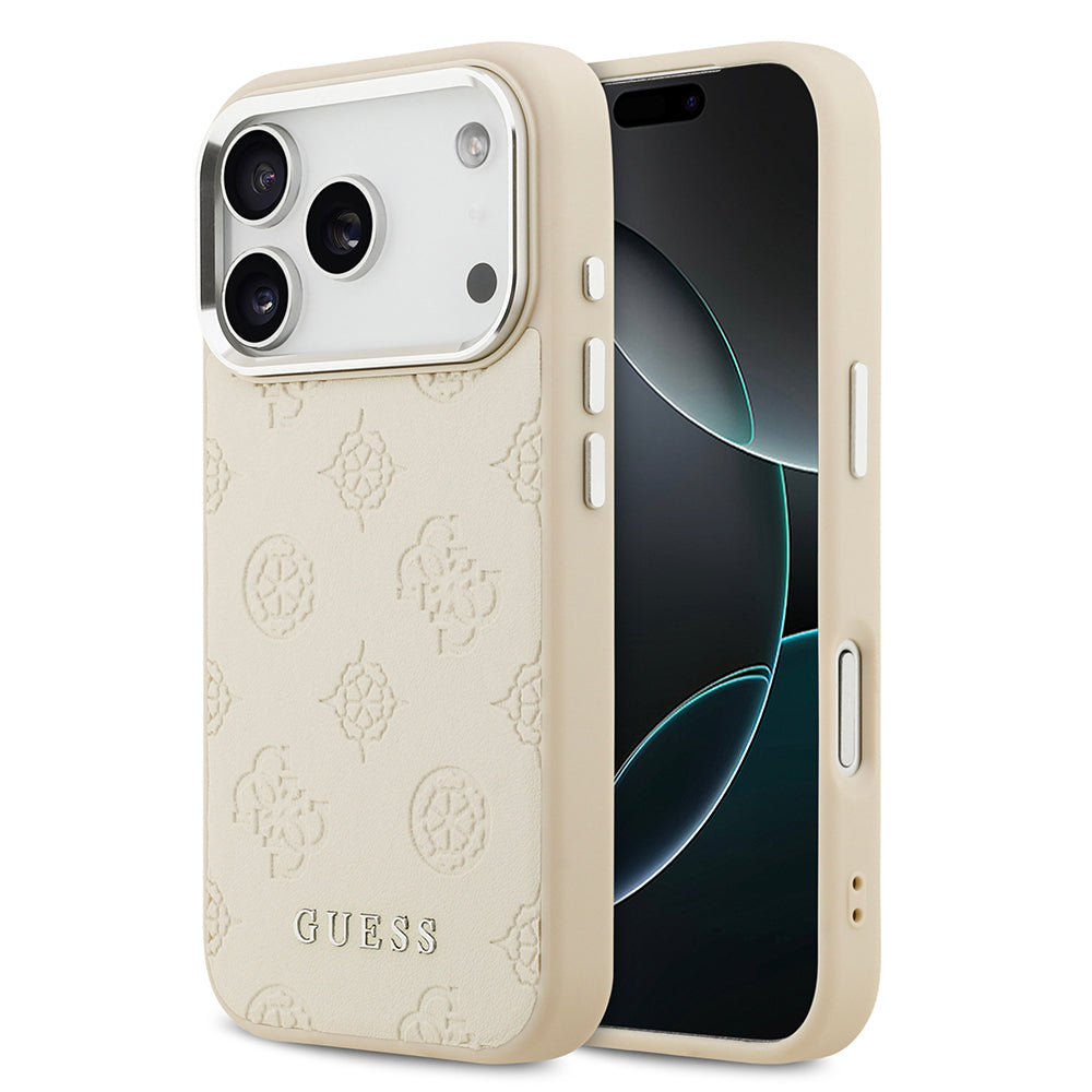 Apple iPhone 17 Pro Kılıf Guess Orjinal Lisanslı M-safe Şarj Özellikli Sıcak Baskılı Klasik Yazı Logolu PU Deri Peony Kapak