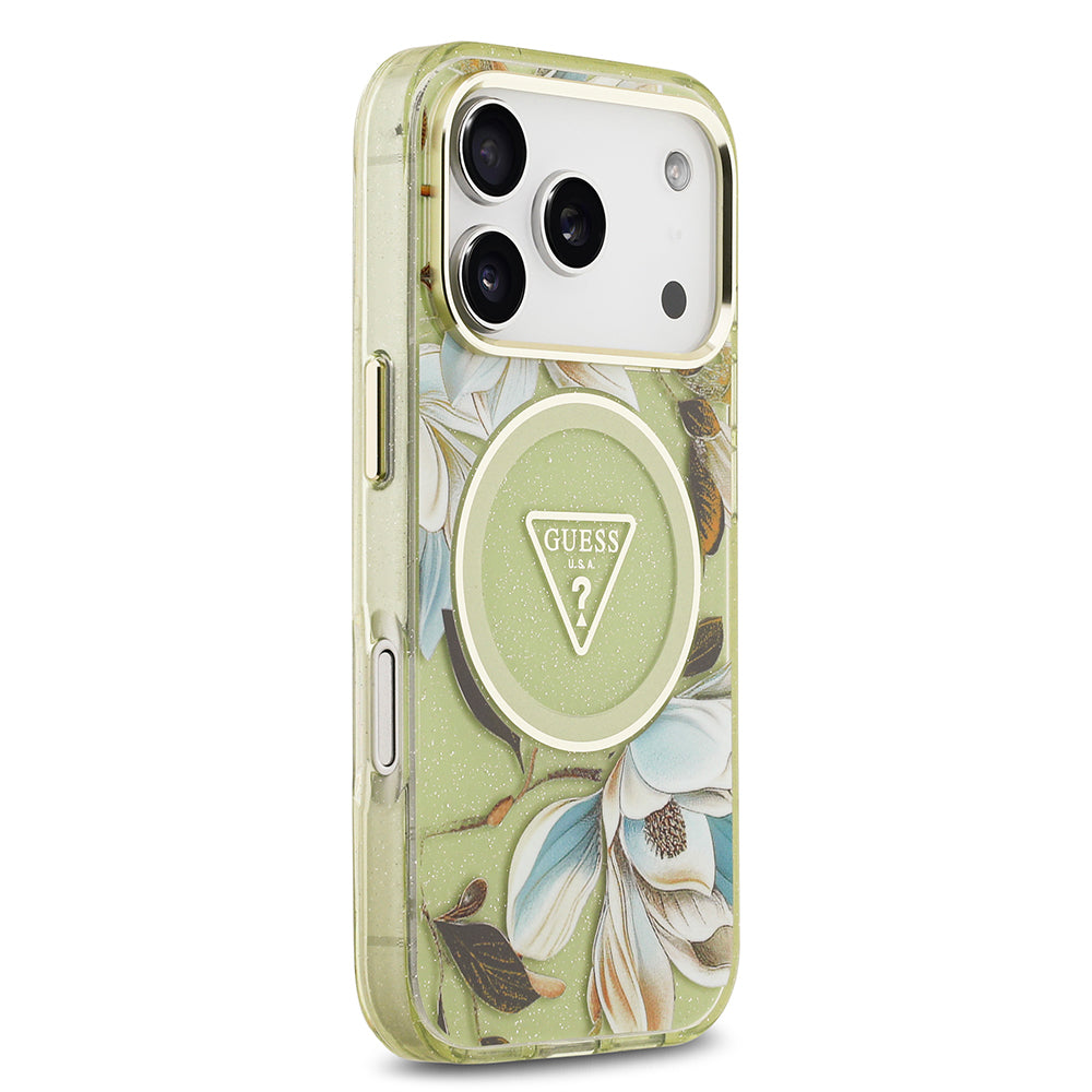Apple iPhone 17 Pro Kılıf Guess Orjinal Lisanslı M-safe Şarj Özellikli Simli Çiçek Desenli Metal Kamera Çerçeveli Üçgen Logolu Kapak