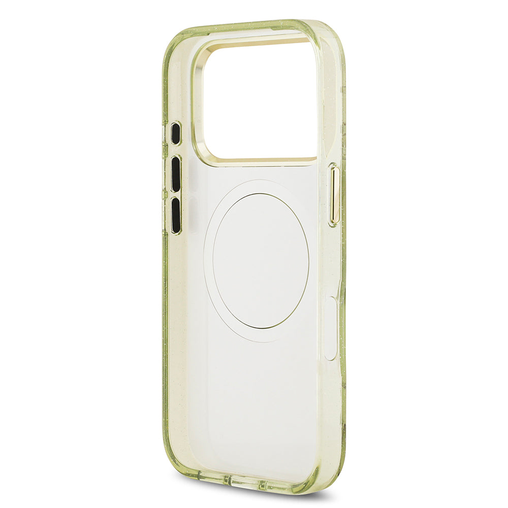 Apple iPhone 17 Pro Kılıf Guess Orjinal Lisanslı M-safe Şarj Özellikli Simli Çiçek Desenli Metal Kamera Çerçeveli Üçgen Logolu Kapak