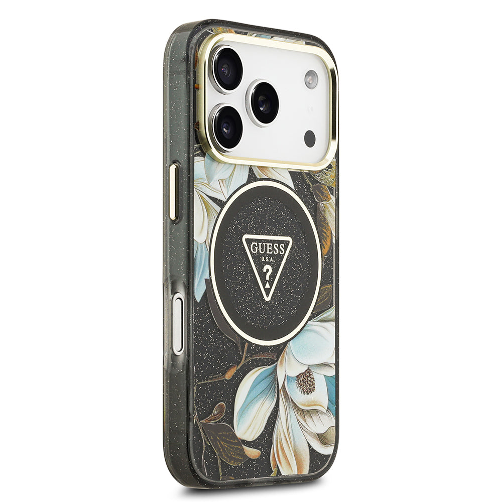 Apple iPhone 17 Pro Kılıf Guess Orjinal Lisanslı M-safe Şarj Özellikli Simli Çiçek Desenli Metal Kamera Çerçeveli Üçgen Logolu Kapak