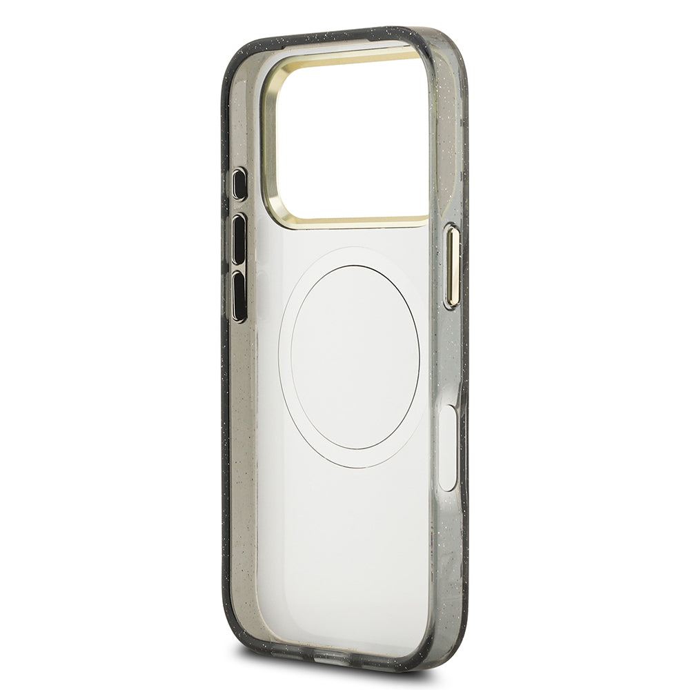 Apple iPhone 17 Pro Kılıf Guess Orjinal Lisanslı M-safe Şarj Özellikli Simli Çiçek Desenli Metal Kamera Çerçeveli Üçgen Logolu Kapak
