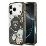 Apple iPhone 17 Pro Kılıf Guess Orjinal Lisanslı M-safe Şarj Özellikli Simli Çiçek Desenli Metal Kamera Çerçeveli Üçgen Logolu Kapak